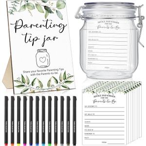Spakon 114 Pcs Baby Shower to Baby Advice Cards for New Parents to Be Parenting Tip Jar Sign for New Parents 100 Parenting Advice Cards 12 Ink Pens 1 Wooden Sign 1 Bottle for Guests(Greenery)