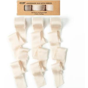 QIANF Light Champagne Handmade Fringe Satin Silk Ribbon 1-1/2 inch x 21 Yard Frayed Edges Ribbons for Wedding Invitations, Flower Bouquets, Gifts Wrapping, Bridal Baby Shower Decor, Party Decorations