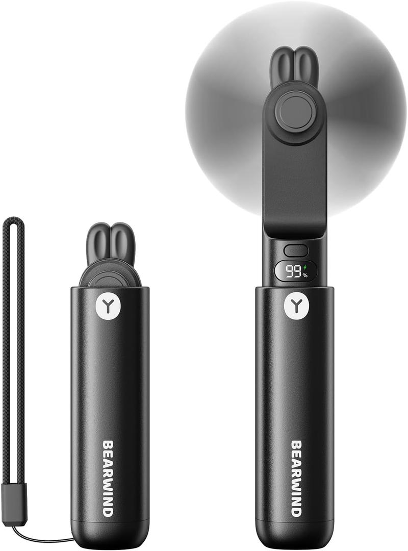 Portable Handheld Mini Fan: 2 in 1 Rechargeable Hand Held Fan with Backup Power & Digital Display - Summer Essentials for Travel, Concerts, Makeup, Lash - Gifts for Women, Girls (Black)