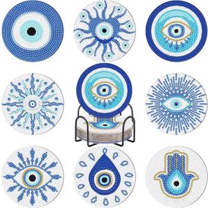8 Pcs Evil Eye Diamond Painting Coasters Blue Diamond Art Cup Holder Mat with Cork Base for Beginners Craft Supplies Gift