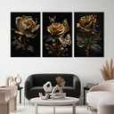 3pcs Black And Gold Rose Wall Art Abstract Plant Flowers Posters Prints Modern Floral Pictures Black Rose And Gold Leaf Canvas Wall Decor for Living Room Bedroom Bathroom Office Decoration Painting