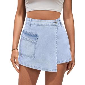luvamia Denim Skorts for Woman Cargo Faux Wrap Jean Skort Skirts Stretchy High Waisted Skirt Shorts Country Concert Wear (L)
