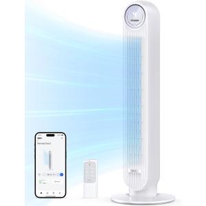 Dreo Tower Fan for Bedroom, 25ft/s Smart Standing Fans, 90 Oscillating Floor Fan with 4 Modes, 4 Speeds, 8H Timer, 28dB, Bladeless, Remote, 28 dB, Works with WiFi Voice Control (White)