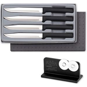 RADA Cutlery 4-Piece Utility Steak Knife Gift Set with Quick Edge Sharpener, Black Handles