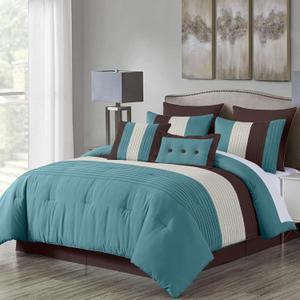 Loft 8-Piece Striped Comforter Set Full, Blue/Beige/Chocolate Brown