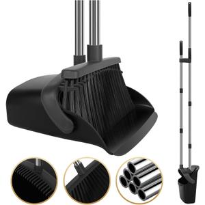 Upgraded Broom and Dustpan Set, 55" Long Handle Black Large Broom with Dustpan Combo SetSelf Cleaning Dustpan for Lobby Kitchen Office Restaurant