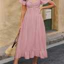 BTFBM Womens Spring Dresses 2026 Casual Short Sleeve V Neck Drawstring Wedding Guest Maxi Dresses Boho Beach Long Dress (S)