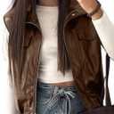 EVALESS Faux Leather Jacket Women Sleeveless Motorcycle Coat Zip Up Vest Jackets Fall Fashion Outfits Winter Clothes (Brown, XXL)