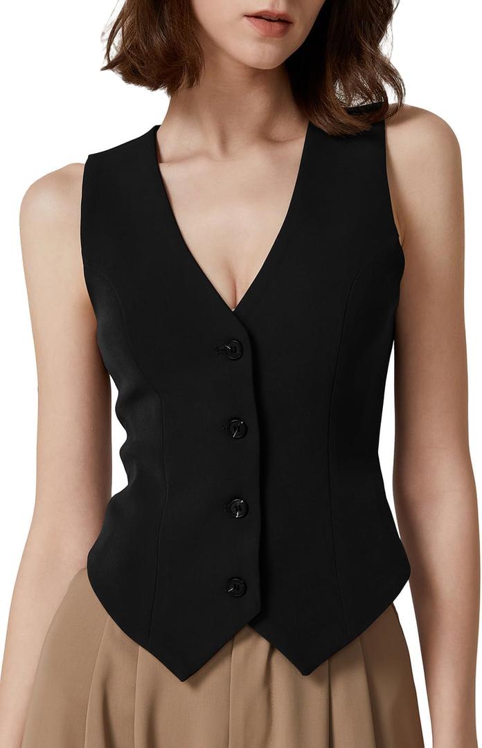 QINSEN Women's V Neck Vest Top Sleeveless Button Down Fully Lined Solid Going Out Crop Tops (Large, Black)