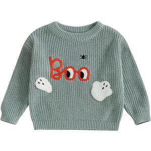 Baby Boy Girl Knit Sweater Halloween Ghost Pumpkin Embroidery Crew Neck Long Sleeve Tops Fall Winter Clothes (3-6 Months)