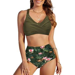 Uikue Women's Two Piece Swimsuits Full Coverage Bikini Set Tummy Control Bathing Suit Push Up V Neck Twist Front Swim Suits, Size: S