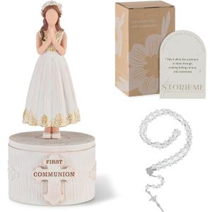 Storieme First Communion Gifts for Girls: 1st Holy Communion Decorations Keepsake Box with Rosary Cross Bracelet - Christian Religious Catholic Present for Baptism Confirmation