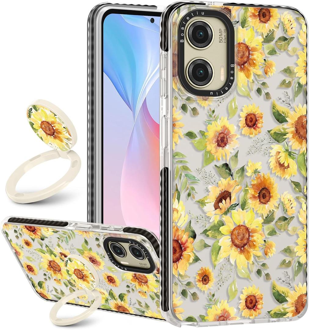 Boaretiu Cute Kawaii for Moto G Stylus 5G 2024 Case with Stand - Fashion Cool 360 Rotate Ring Holder Kickstand for Women Girls Boys Teens Girly for Motorola Moto G Stylus Case, Sunflower
