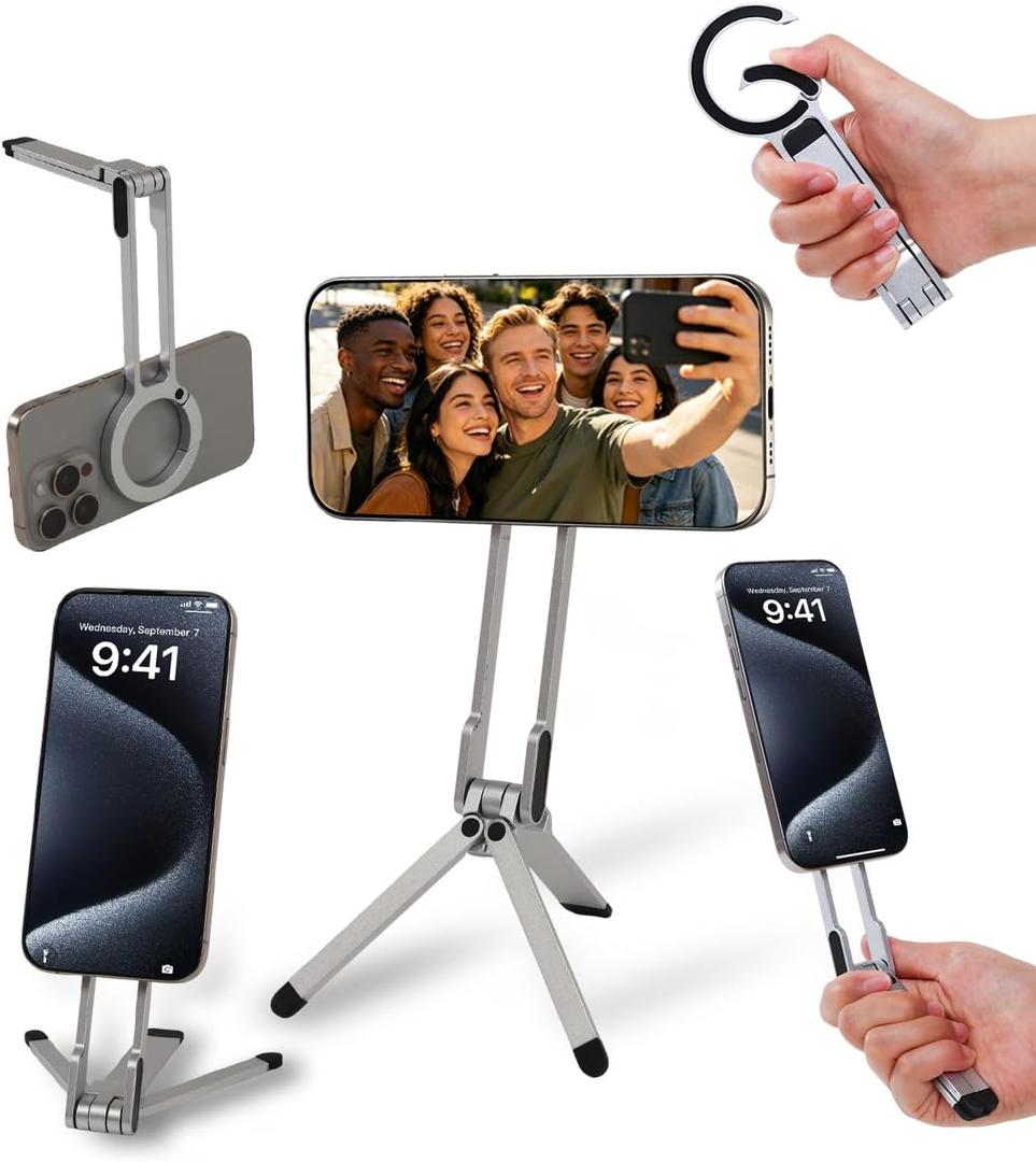 Mini Pocket Magnetic Phone Tripod Aluminium Foldable Stand with Strong Magnet, Maglock Smartphone Tripod Compatible with iPhone 17 16 15 14 13 12 Series, Silver