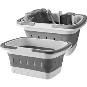 Portable Folding Plastic Bath Caddy with Handle, Perforated, Travel Bathroom Organizer for Bedroom, Bathroom, Shower, Dorm Room, Camping and RV Use (Grey, 2 pack)