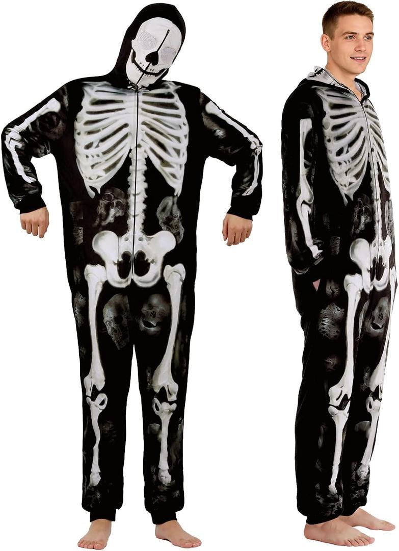 Christmas Gifts Adult 3D Skeleton Onesie - Plush Hooded Jumpsuit with Zipper, Halloween Costume XS-XL (Black, M)