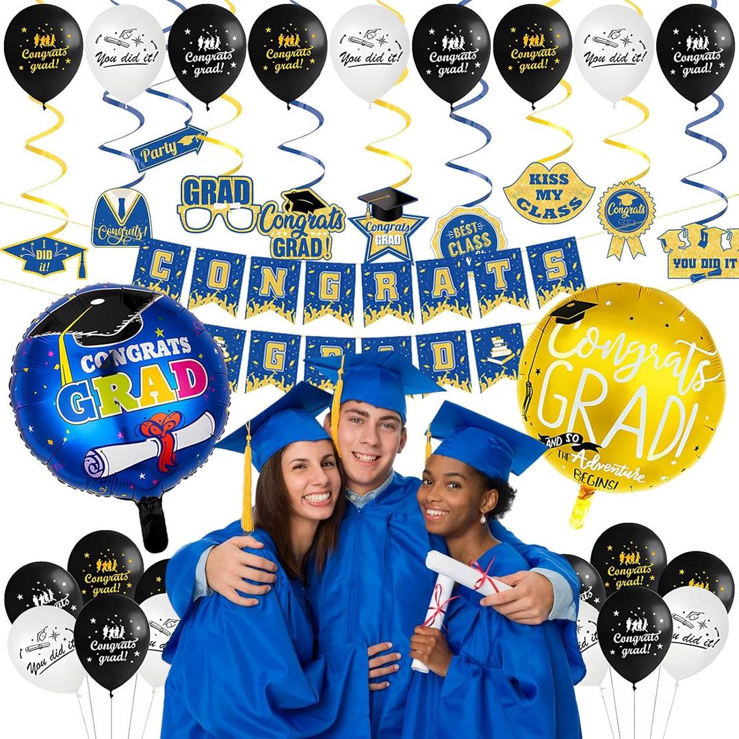 Graduation Decorations Class of 2025, 54 pcs Blue and Gold Congrats Grad Banner Hanging Swirls Graduation Cards Balloon 18 Aluminum Film Balloon Party Favors for Grad Party Decoration Supplies