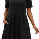 Ulovmi Women's Summer Casual Flowy A-Line Dresses Short Sleeve Ribbed Knit Swing Dress T-Shirt Sundress with Pockets (Black, L)