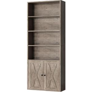 Shintenchi Bookshelf, Industrial Bookshelves and Bookcases with Doors Floor Standing 6 Shelf Display Storage Shelves 70.6 inches Tall Bookcase for Home Office, Living Room (Grey)