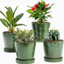 EFISPSS Flower Planter 5 inch Ceramic Plant Pots with Drainage Hole and Ceramic Tray - Gardening Home Desktop Office Windowsill Decoration Gift Set of 4 - Plants NOT Included (Patina)