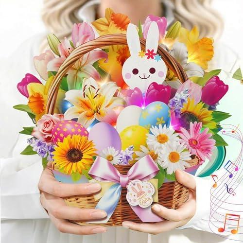 MZD8391 3D Pop Up Easter Flower Basket Card with Music & Lights – Bunny, Eggs, Lily, Tulip, Daisy Bouquet – Envelope Included – Gift & Decoration