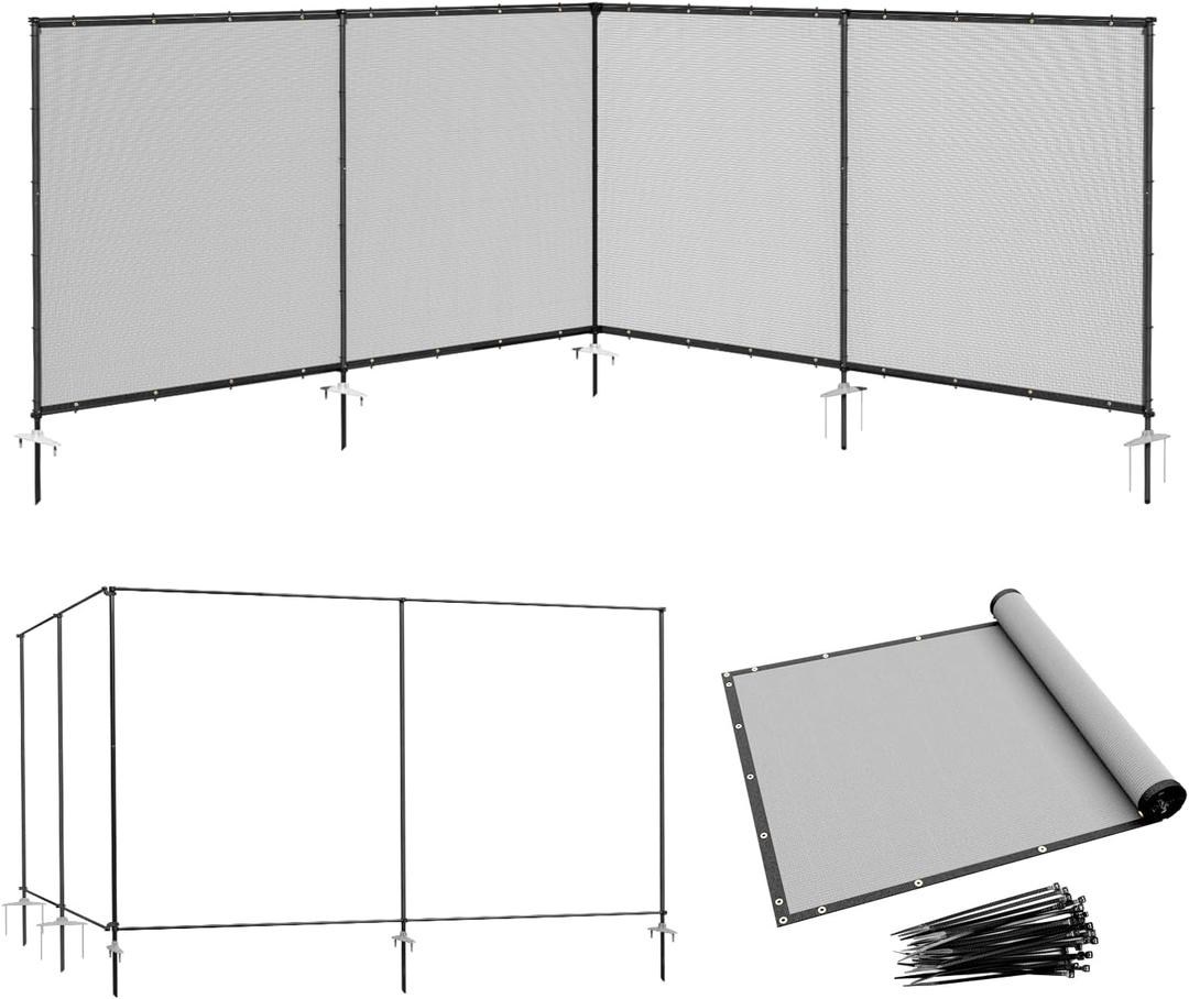 Coonoble 5' x 24' Gray Outdoor Privacy Screen Freestanding 240 GSM Privacy Fence Panels for Outside, Pool Fences with Poles, Backyard Temporary Fencing, Privacy Wall Ground Pole Fence