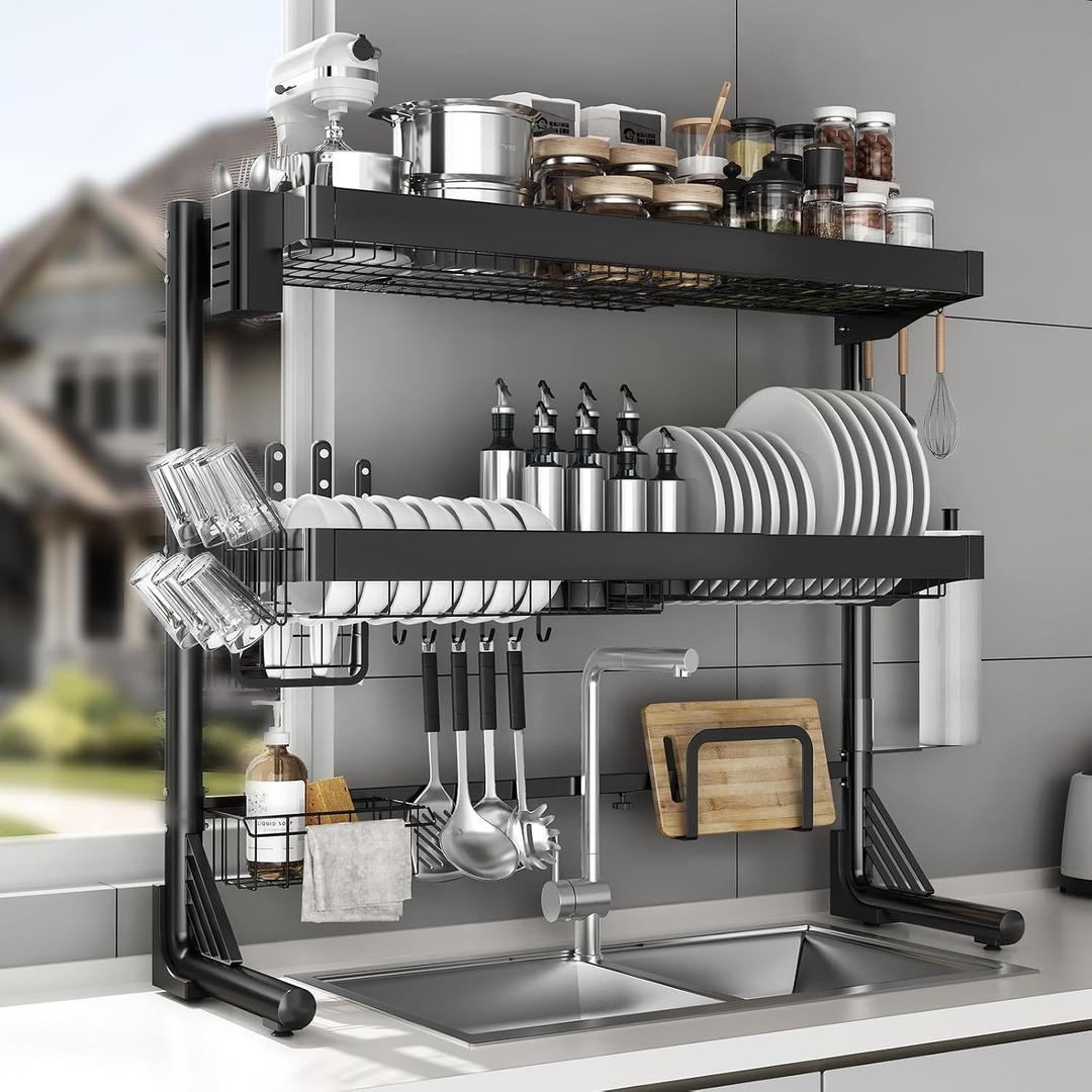 Over Sink Dish Drying Rack, 3-Tier Full Stainless Steel Drainer Dish Rack Adjustable 20.9''-37.4'', Expandable Multifunctional Kitchen Organizer, 3 Tier with Flat Grid