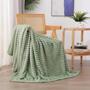 Linecooo Sage Green Fleece Throw Blanket 50”×60” for Couch Sofa Bed, Super Soft Cozy Plush Microfiber Flannel Blanket with Stripes Design Lightweight for Adults, Woman, Girls