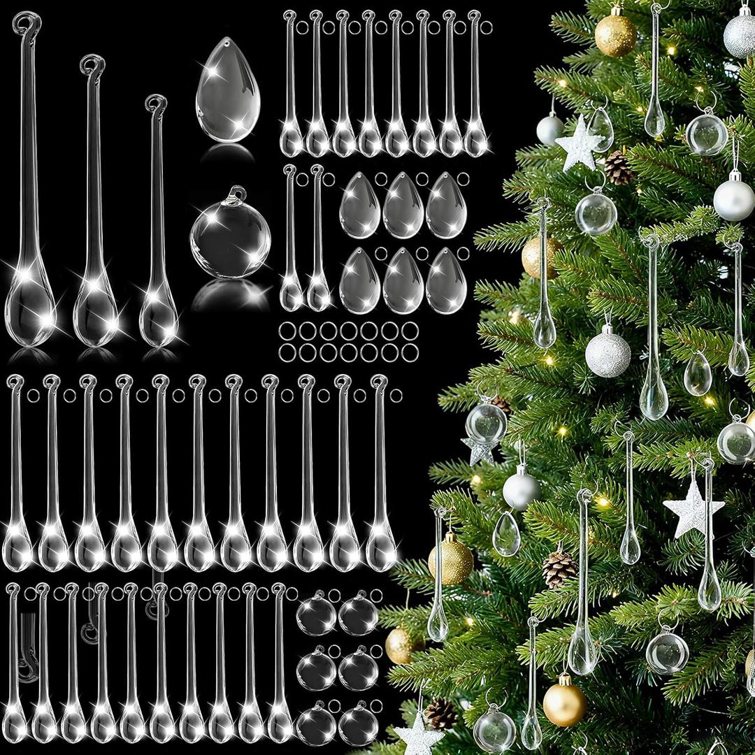 100 PCS Clear Crystal Ornaments for Christmas Tree, Acrylic Teardrop Christmas Ornaments with 5 Styles, Hanging Crystals Pendant for Wreaths Chandelier Wedding Party Holiday Decor