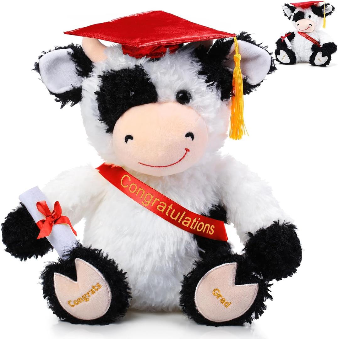 Chalyna 10 Inch Graduation Season Cow Plush Stuffed Animal Cow with Hat, Diploma and Sash, Graduation Gift Decoration for Friend Relatives Party(Red)