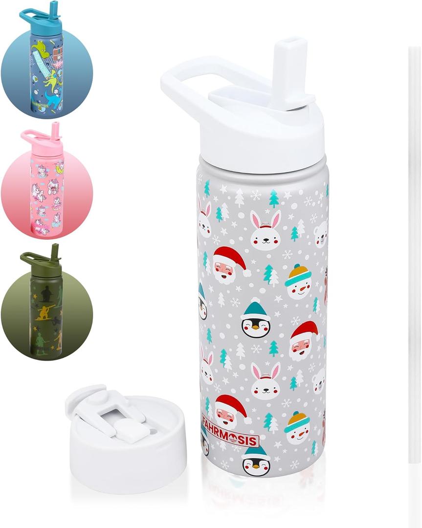 FAHRMOSIS 18 OZ Kids Water Bottle with Straw & 2 Lids (Flip & Spout) Leak Proof Metal Insulated Stainless Steel Reusable Tumbler for School & Sports Water Bottle - White (Winter)