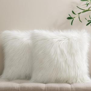 Phantoscope Pack of 2 Faux Fur Solid Throw Decorative Pillow Cover Cushion Covers Luxury Soft Halloween Decorative Pillowcase Fuzzy Pillow Covers for Bed/Couch, Cream White 18 x 18 Inches