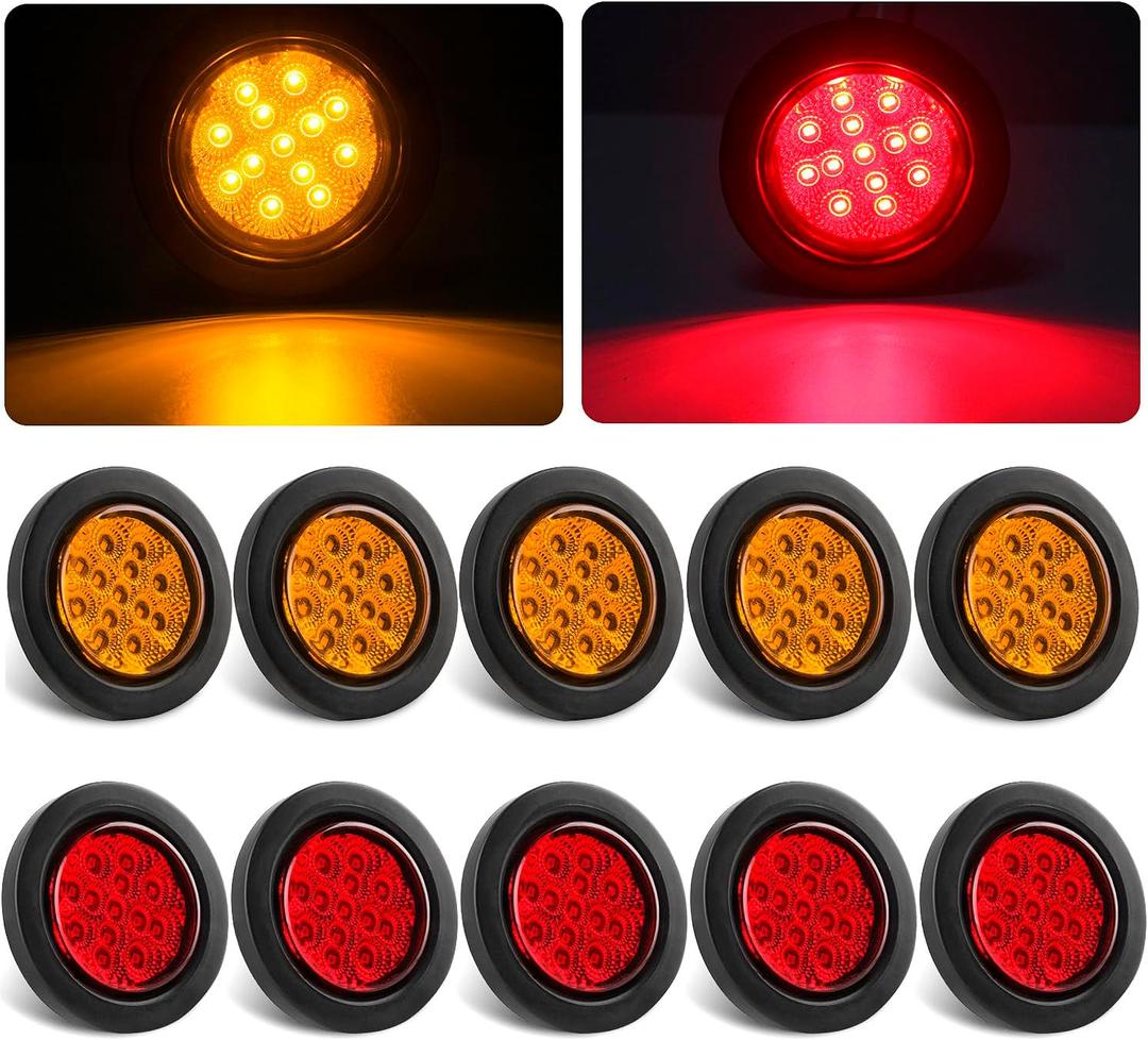 Konrali 2.5" Round LED Marker Lights 13 LEDs w/Reflectors, 5 Amber + 5 Red 2 1/2" Round LED Trailer Truck RV Side Clearance Marker Lights Sealed Flush Grommets Mount with 2 Prong Wire Pigtails