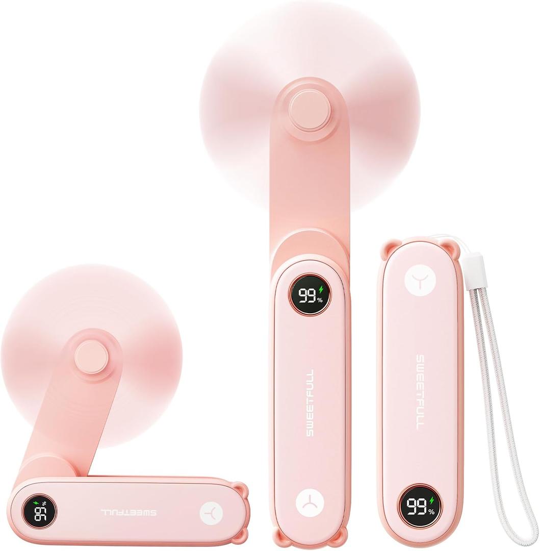 SWEETFULL Portable Handheld Mini Fan with LED Display, 3-in-1 Personal Foldable USB Rechargeable Hand Held Fan & Flashlight for Travel, Lash Eyelash, Cute Small Pocket for Women, Girls (Pink)