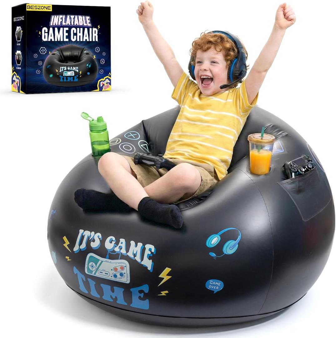 Inflatable Gaming Chair for Kids and Teens with Cup Holders and Side Pocket, Blow Up Bean Bag Gaming Chair for Boys, Comfortable Inflatable Lounge Seat for Gamer Room Decor and Boys Room Furniture
