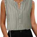 Womens Sleeveless Button Down Shirts Blouses Striped Casual Business Tank Tops Office Work (L)