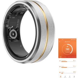 Fitness Tracker Smart Ring,Step Counter,Heart Rate Blood Oxygen Sleep Tracker Health Ring, 6ATM Waterproof Long Battery Life Smart Rings Compatible with iOS & Android （Silver with Middle Gold 12）