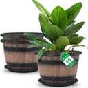Quarut Large Plastic 3 Pack16 inch Plant Pots,Whiskey Barrel Planters with Drainage Holes & Saucer.Flower Pots Imitation Wine Barrel Design for Indoor & Outdoor Garden Balcony Plants.7 Gallons(Brown)