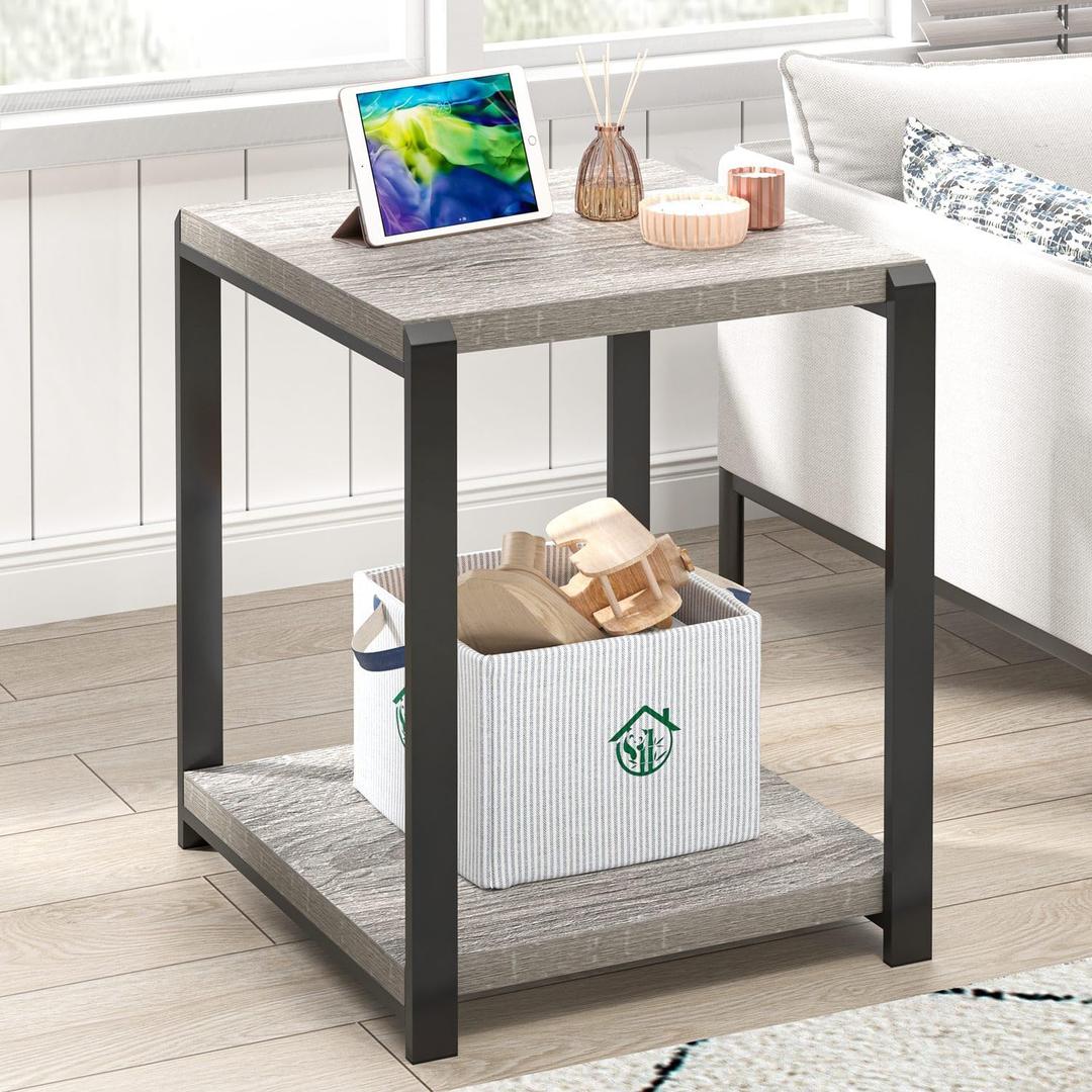 FOLUBAN Modern Side Table, Square End Table with Storage for Living Room Office, Rustic Bedside Table for Bedroom, Small Spaces, Light Grey, 18 inch