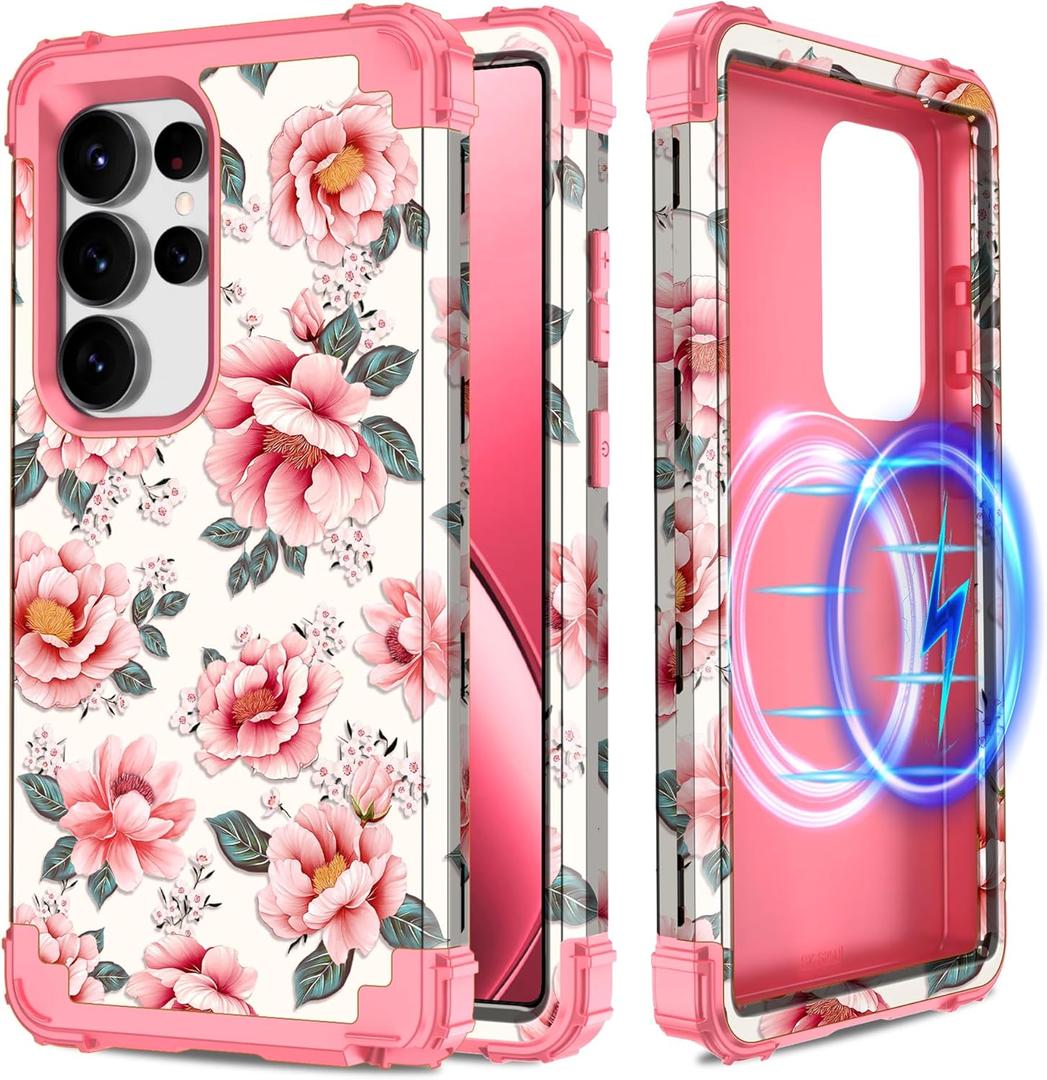 Hekodonk for Galaxy S25 Ultra 5G Case,Compatible with MagSafe,Heavy Duty Shockproof Protection Hard Plastic+Silicone Rubber Hybrid Protective Case for Samsung Galaxy S25 Ultra 5G,Pink