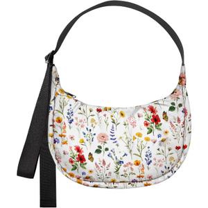 Crescent Bag for Women - Nylon Small Crossbody Bags for Women Adjustable Shoulder Strap Cute Waterproof, for Travel (White Floral)