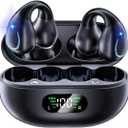 Open Ear Bone Conduction Headphones Bluetooth 5.3 Wireless Clip On Earbuds with Digital Display Charging Case 60 Hours Playtime Sport Earphones Built-in Mic IPX7 Waterproof for Running Fitness Black (YYK-Q71)