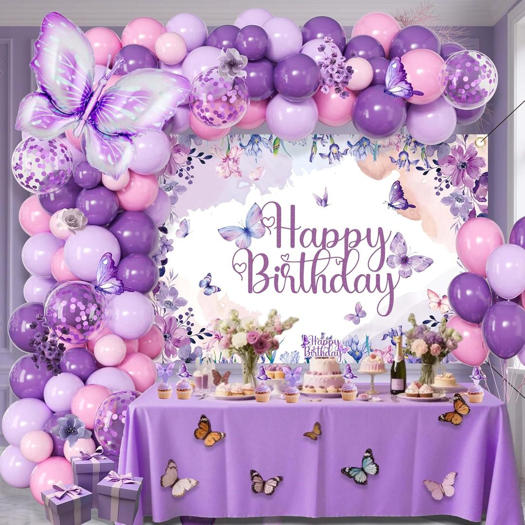 Purple Butterfly Birthday Decorations Balloon Arch Kit - Glitter Butterfly Party Supplies with Garland, Backdrop, Centerpieces for Women Girls Birthday Party Decor