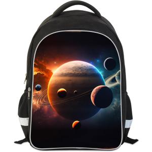 Solar System Planets Stars Space Kids Backpack, Galaxy School Bookbag for Boys and Girls, Polyester, 17 Inches Back Pack, Giftable, Bottle Holders, Tablet Compartment