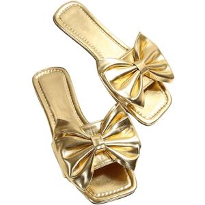 GORGLITTER Women's Bow Sandals Square Open Toe Slip on Dressy Summer Sandals (8, Gold)