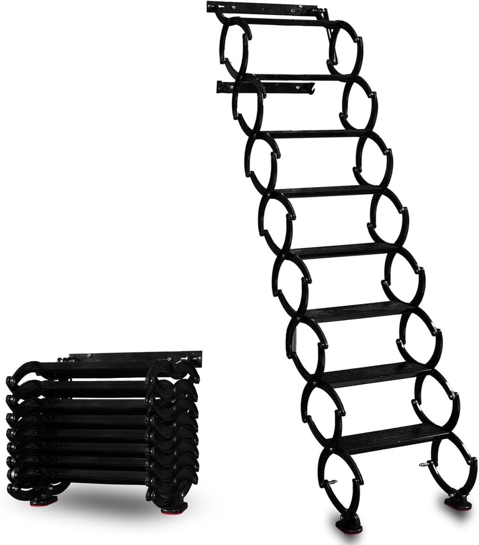 8 Steps Wall Mounted Folding Ladder, Indoor and Outdoor Step Ladders, Retractable Folding Stairs, Portable Camping Staircase, Pull-Down System Attic Ladder, for RV, Storehouse (Black, 8 Steps)
