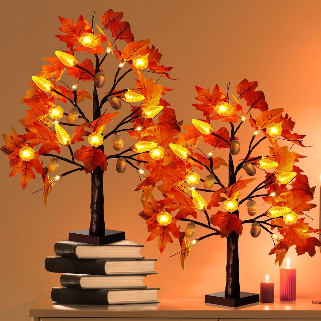 Fall Maple Leaf Table Lighted Tree Thanksgiving Decorations: 2 Pack Home Decor With 24 LED Lights for Indoor Outdoor Room Decoration, Artificial Harvest Autumn Trees for Wedding Party