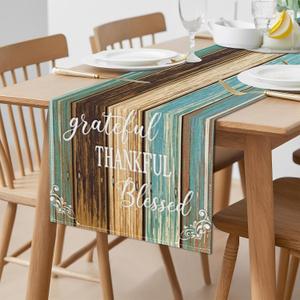 Farmhouse Linen Table Runner, Blue Brown Teal Green, Grateful Thanksgiving Table Runners 90 inches Long - Heat Resistant Waterproof Wood Rustic Retro Runner for Kitchen Dining Living Room Coffee Table