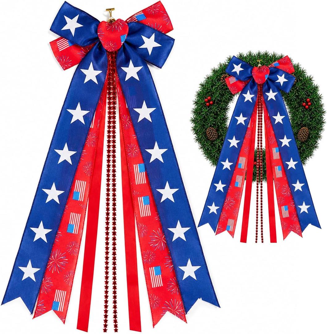USA 250th Anniversary Ribbon Bow 250 Years 4th of July Decoration Bows Large Red White Blue Star Sash Ribbon Tree Topper for Patriotic Independence Day Indoor Outdoor Door Wall Decor,Flag