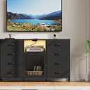 - Dresser TV Stand for Bedroom for TV with LED Lights and Charging Station, Fabric Chest of Drawers, 8 Fabric Drawers, Wood Top, Living Room, Closet Black